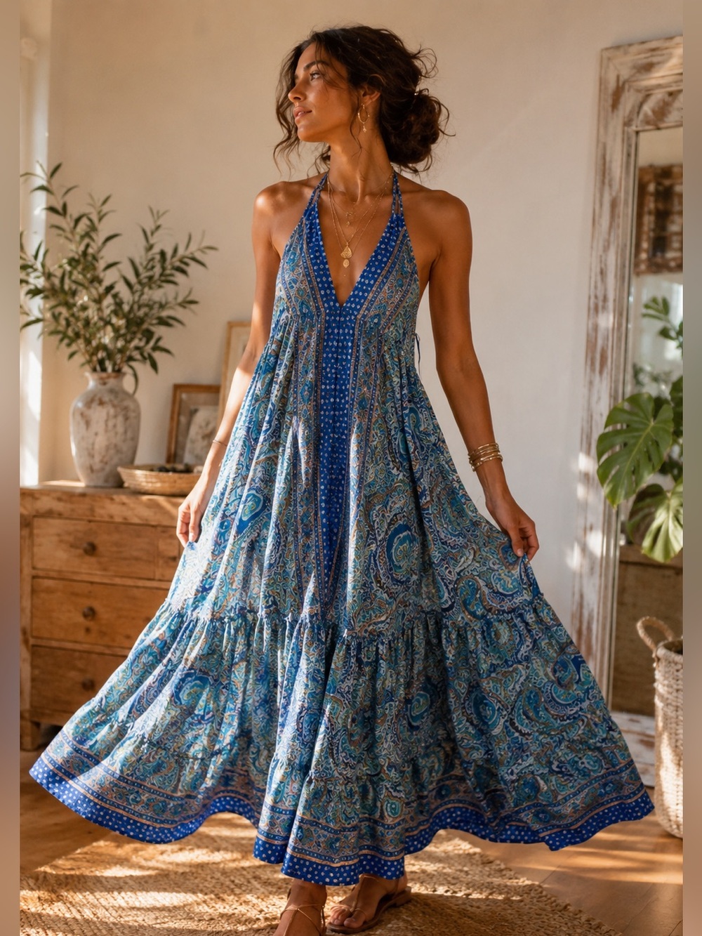 Zury bohemian silk Blue Paisley Halter Maxi Dress (one size )